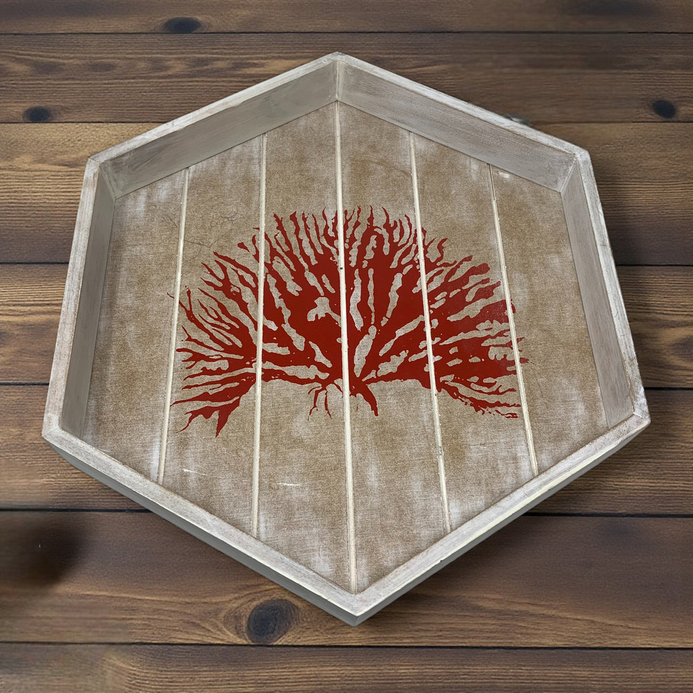 Vintage Pier 1 Hexagon Coral Stencil Wood Tray Beach House Summer Decor 16"